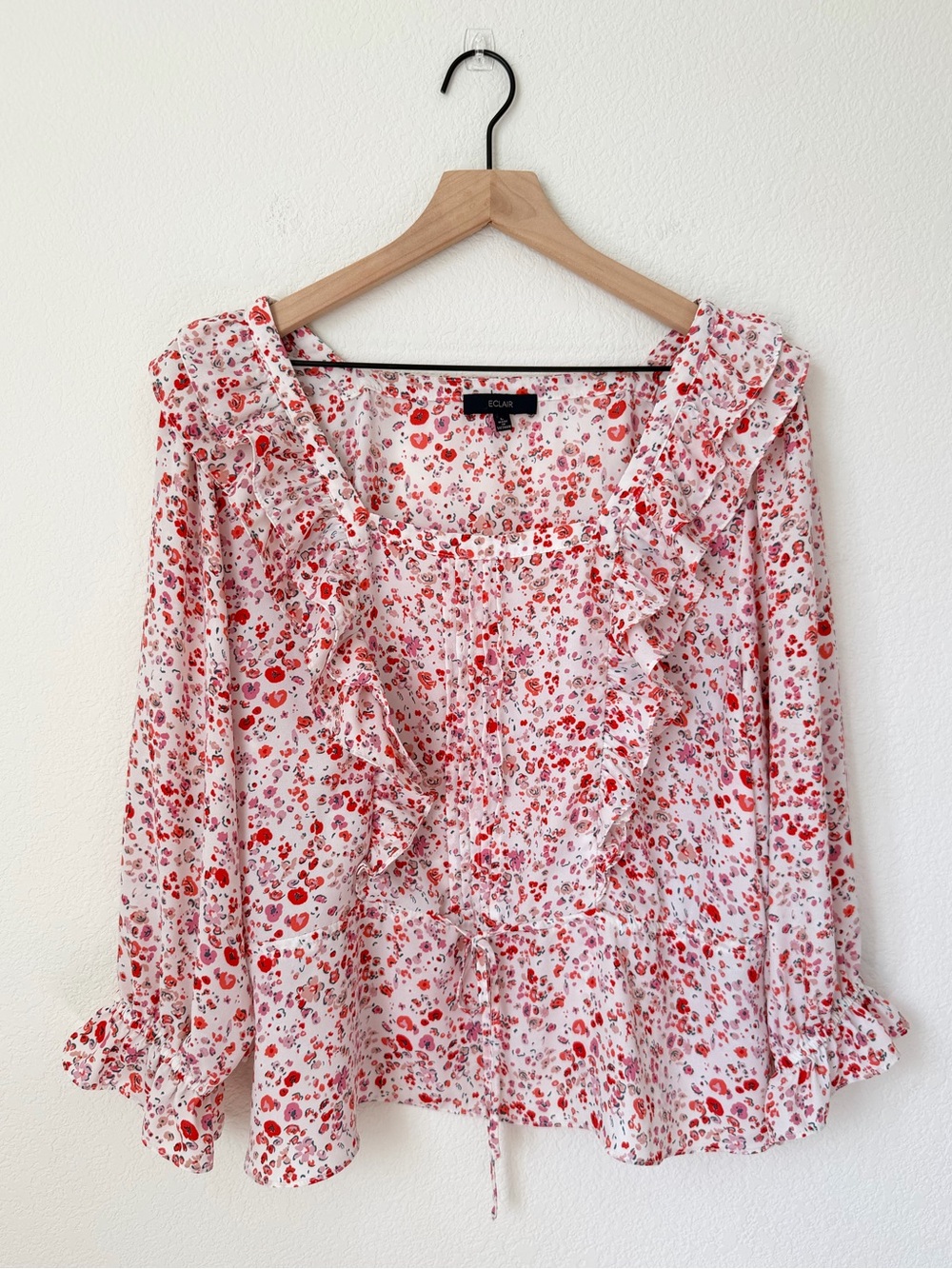 Eclair Ruffled Floral Blouse Puff Sleeve Tie Waist Size L